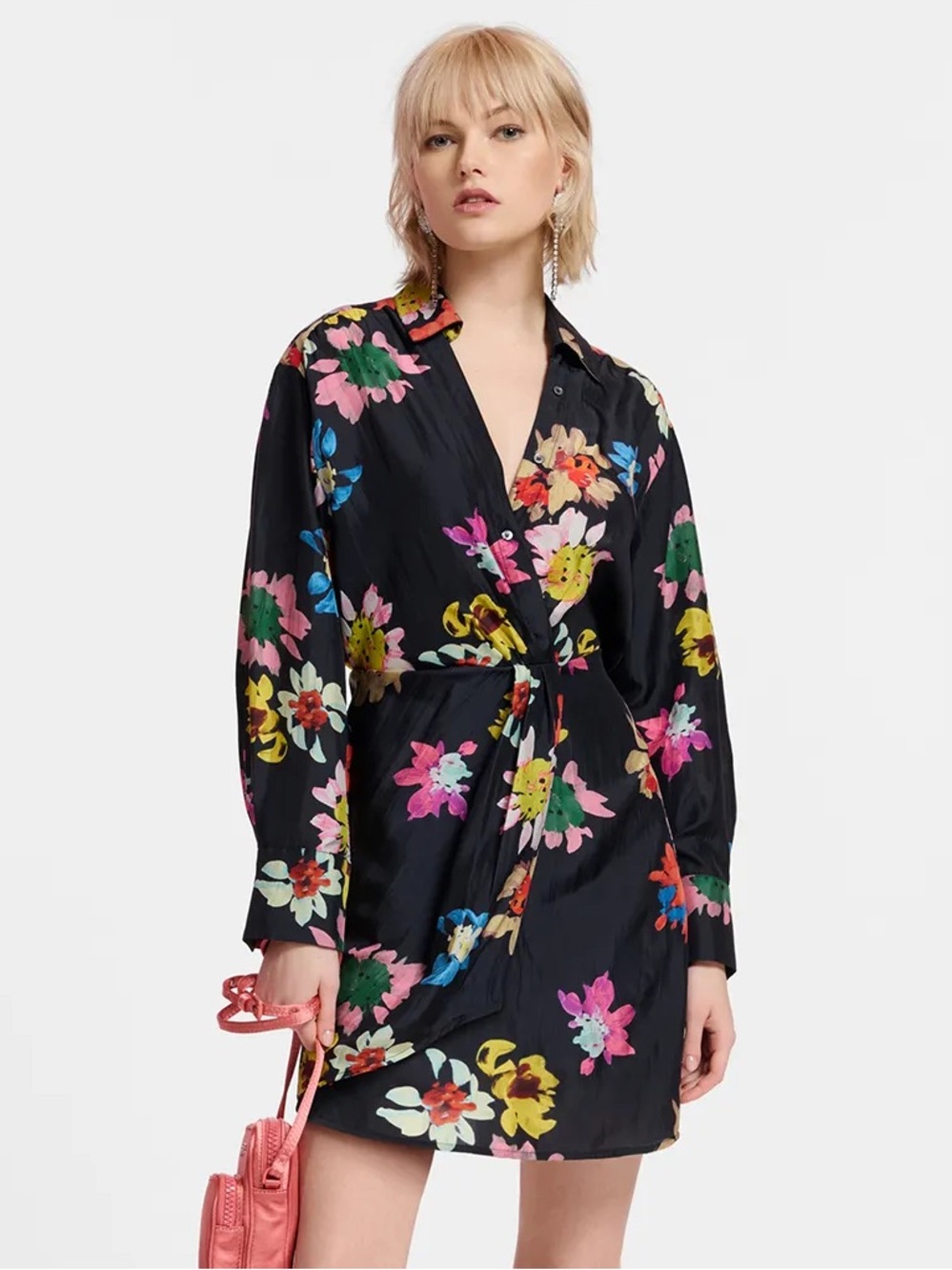ESSENTIAL ANTWERP Black Floral Wrap Mini Silk Dress with Tie Waist ❤️❤️